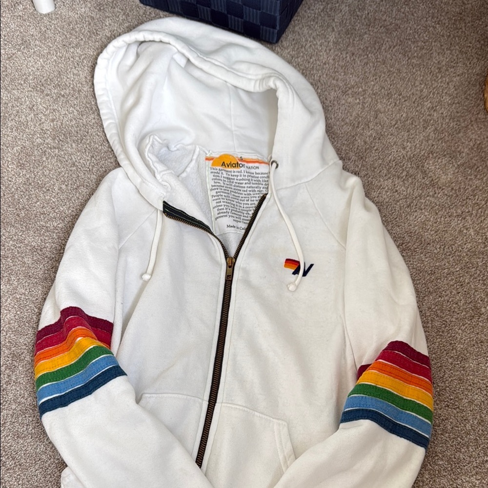 Aviator Nation White Hoodie with Rainbow Stripes